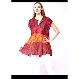 Free people Boho Western‎ Red Floral swing shirt Gotta Have You Tunic Top EUC S